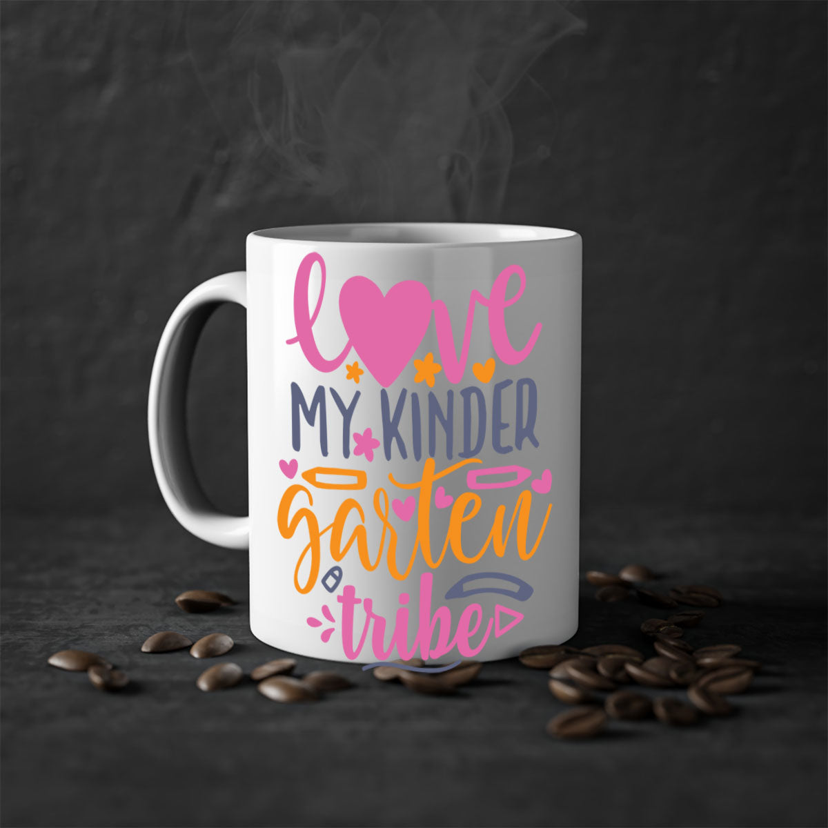 Ceramic '100 Love My Kindergarten Tribe' mug with colorful handle and interior, available in two sizes.