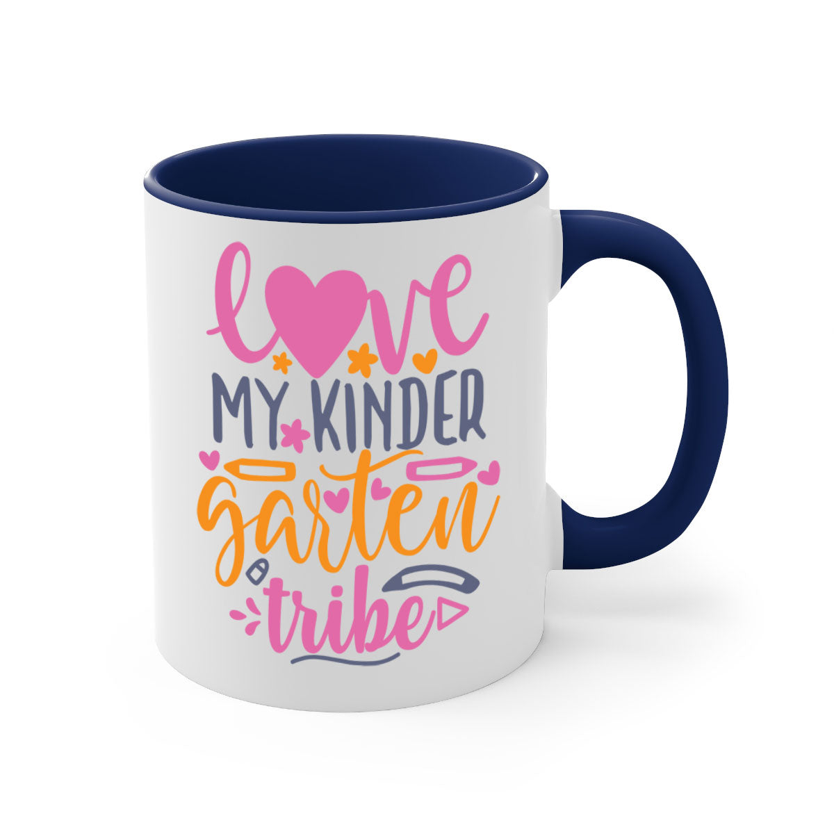 Ceramic '100 Love My Kindergarten Tribe' mug with colorful handle and interior, available in two sizes.