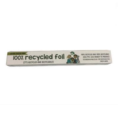 Roll of Eco Green Living 100% recycled aluminium foil, 30cm x 10m, showcasing its eco-friendly packaging and thickness.