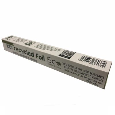 Roll of Eco Green Living 100% recycled aluminium foil, 30cm x 10m, showcasing its eco-friendly packaging and thickness.