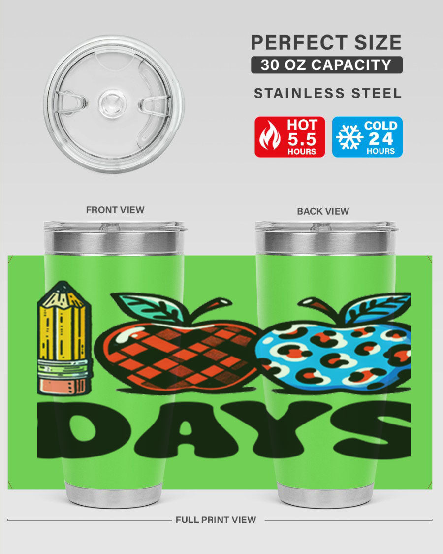 100th Day of School Apple 38# Tumbler, double wall vacuum stainless steel with vibrant apple design.