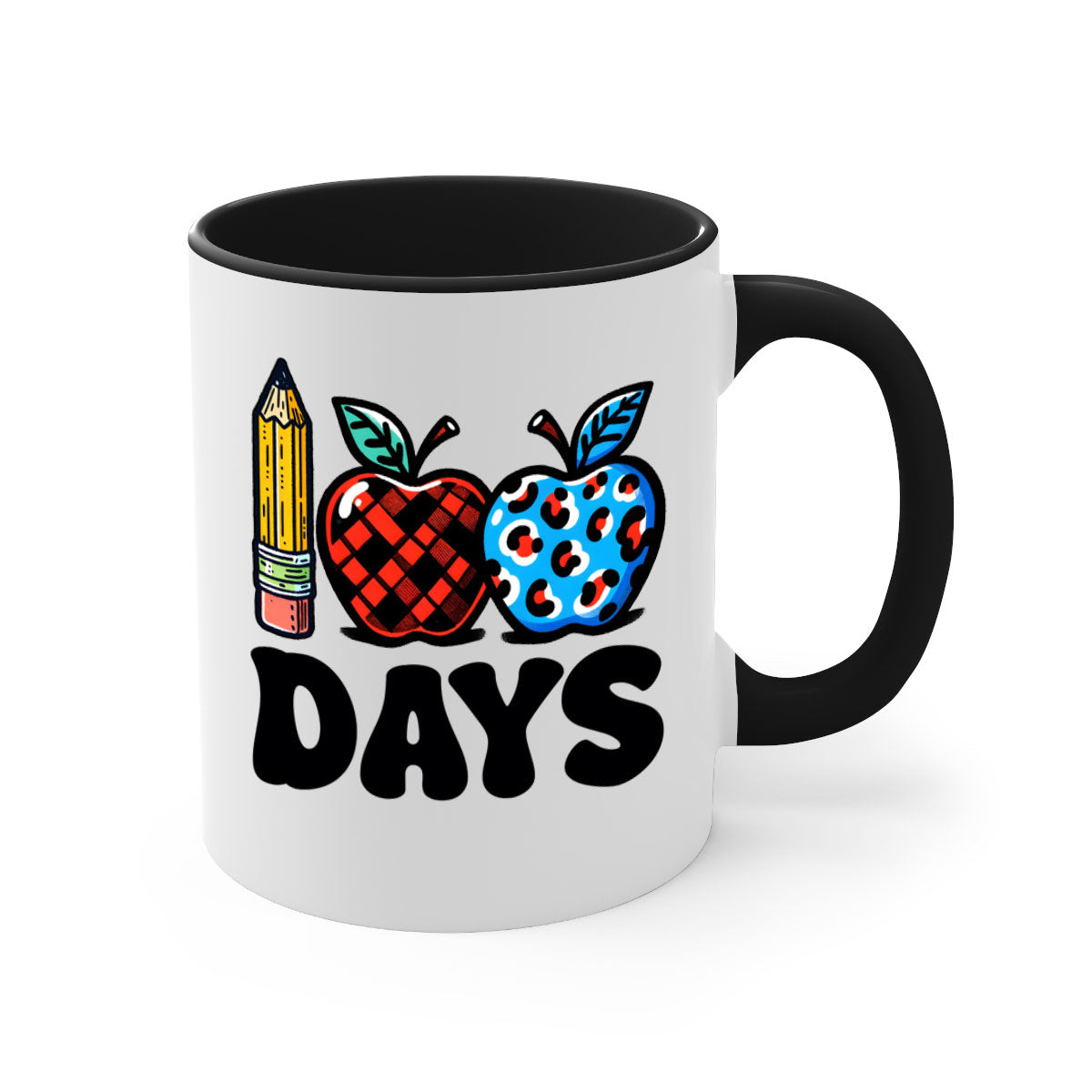 A vibrant two-tone ceramic mug featuring an apple design, perfect for celebrating the 100th day of school, available in multiple colors.