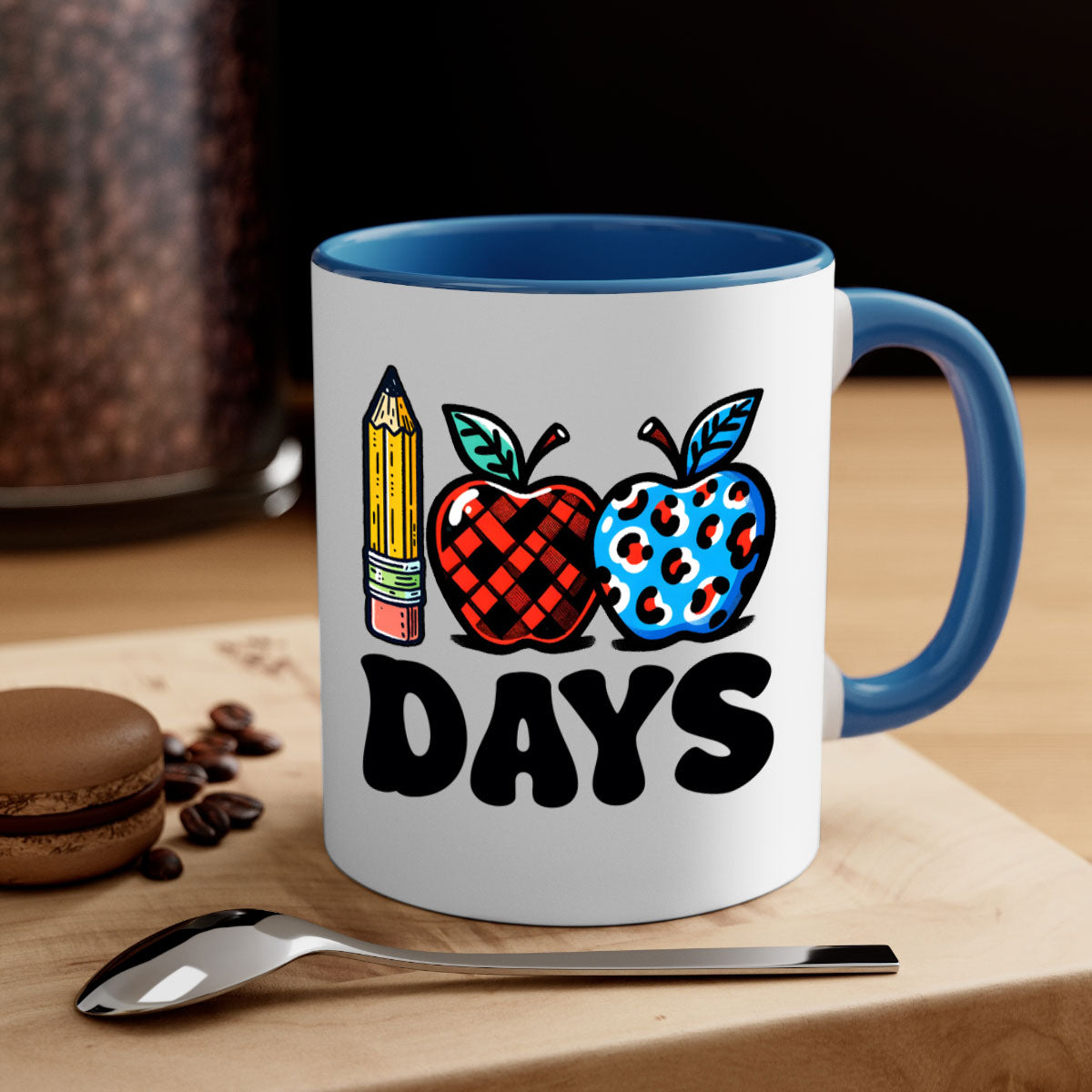A vibrant two-tone ceramic mug featuring an apple design, perfect for celebrating the 100th day of school, available in multiple colors.
