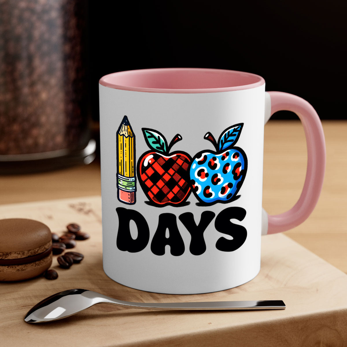 A vibrant two-tone ceramic mug featuring an apple design, perfect for celebrating the 100th day of school, available in multiple colors.