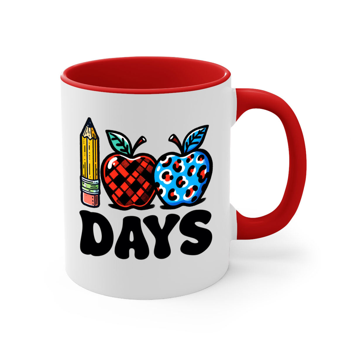 A vibrant two-tone ceramic mug featuring an apple design, perfect for celebrating the 100th day of school, available in multiple colors.