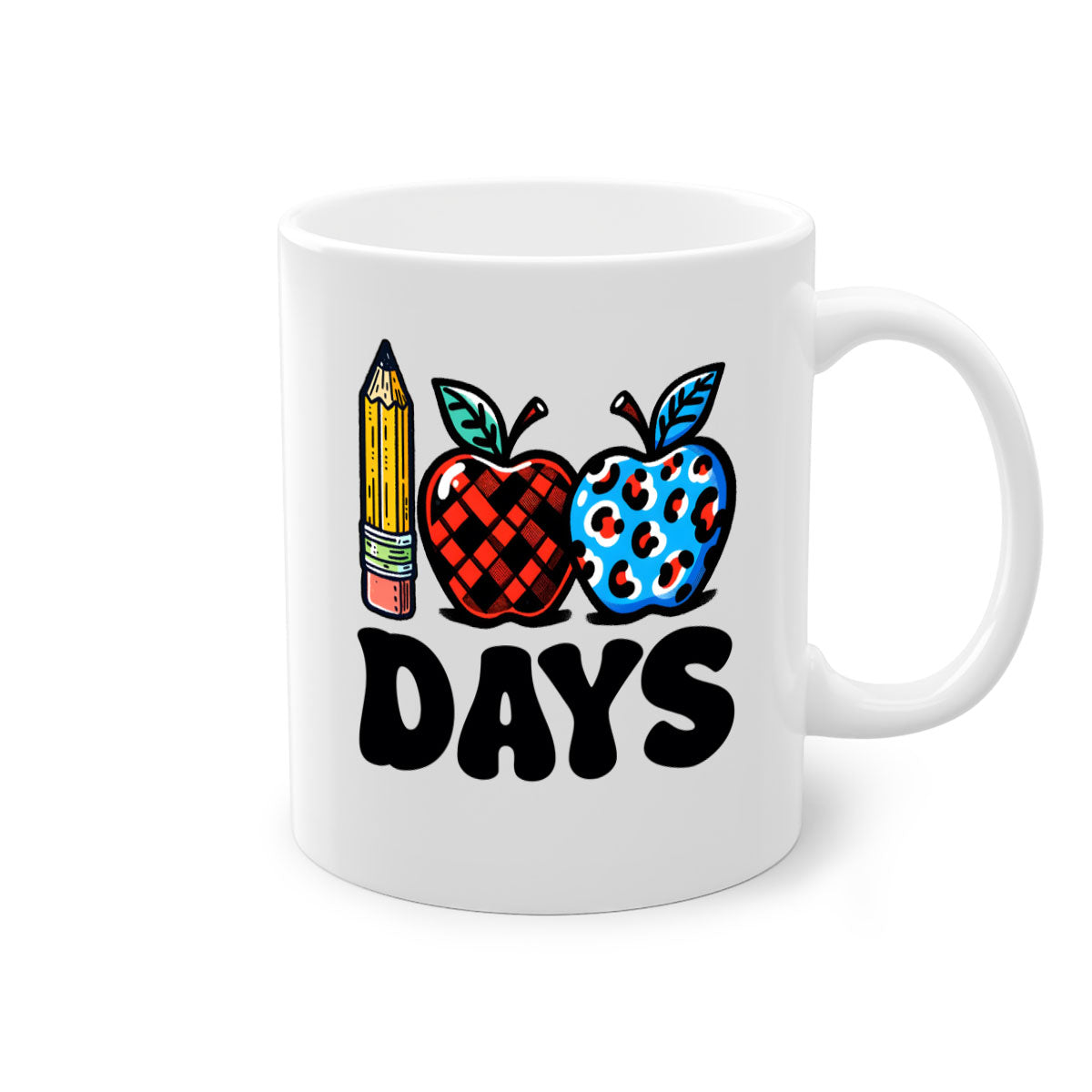 A vibrant two-tone ceramic mug featuring an apple design, perfect for celebrating the 100th day of school, available in multiple colors.