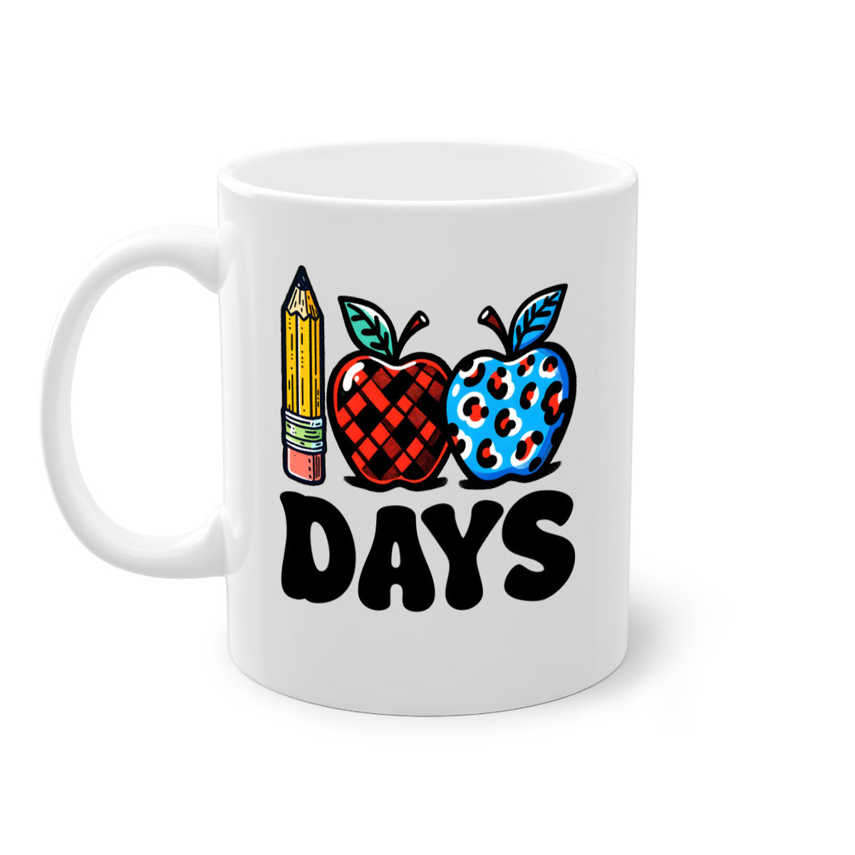 A vibrant two-tone ceramic mug featuring an apple design, perfect for celebrating the 100th day of school, available in multiple colors.