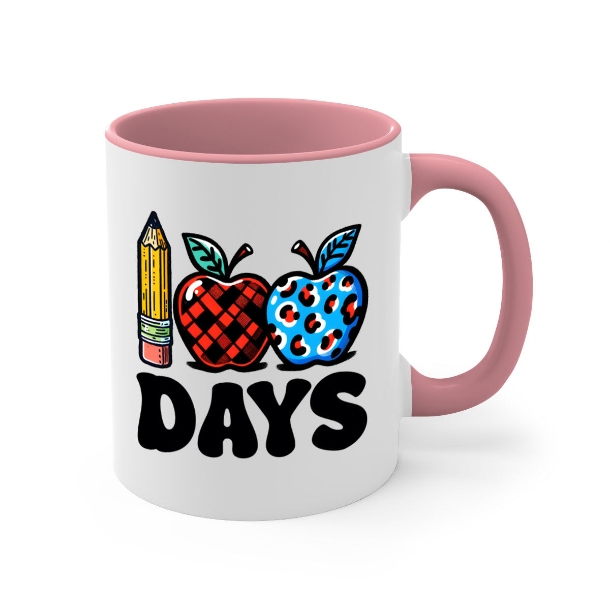 A vibrant two-tone ceramic mug featuring an apple design, perfect for celebrating the 100th day of school, available in multiple colors.