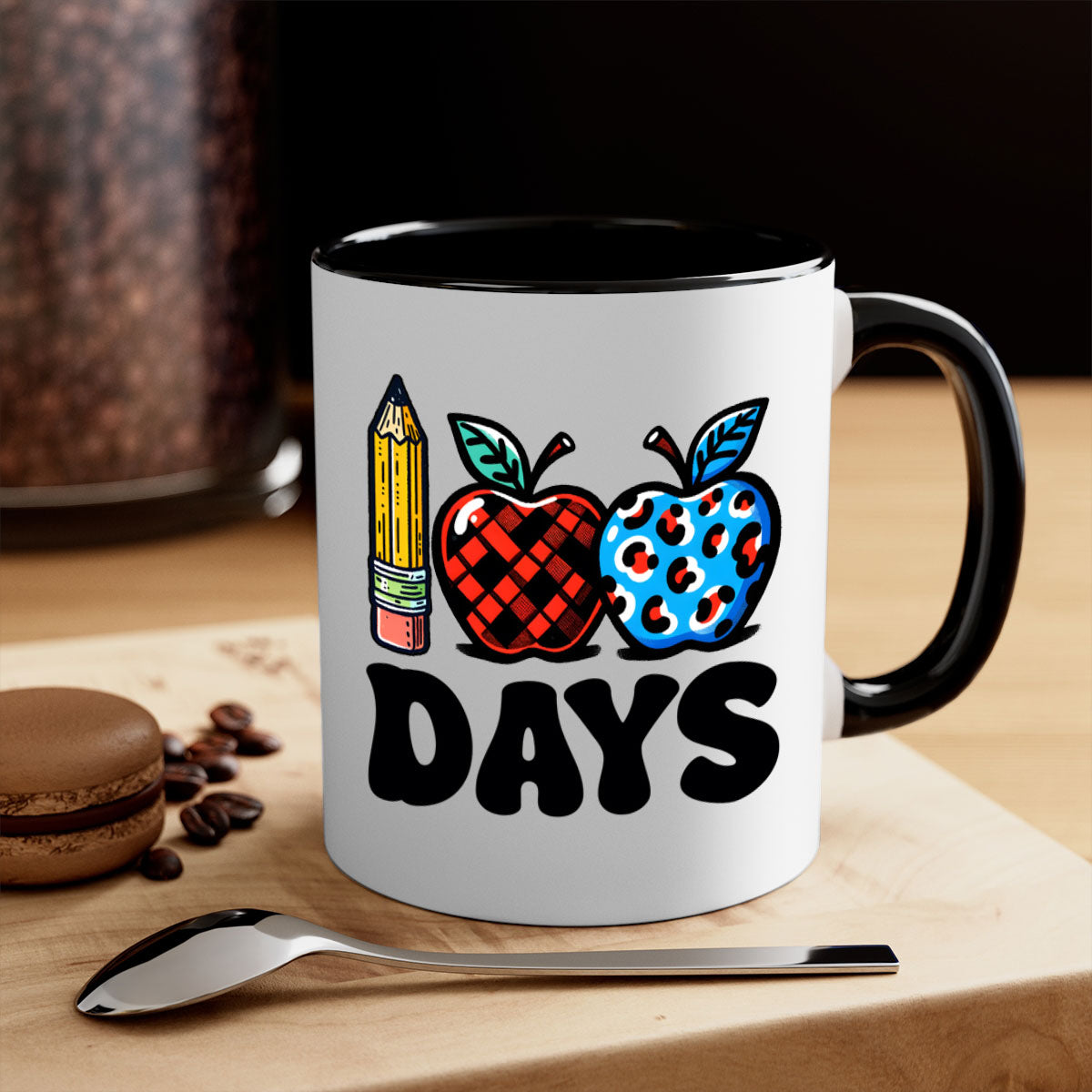 A vibrant two-tone ceramic mug featuring an apple design, perfect for celebrating the 100th day of school, available in multiple colors.