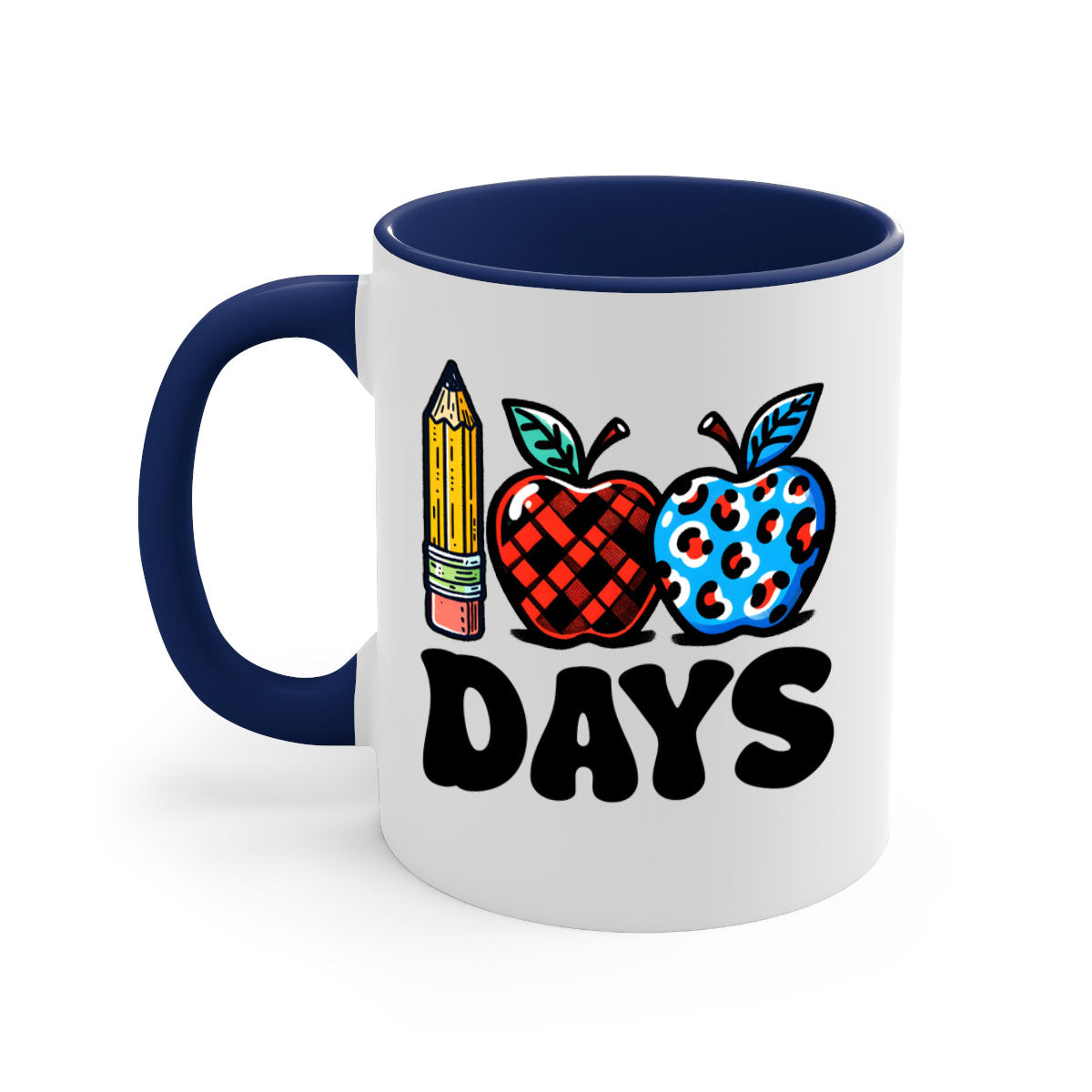 A vibrant two-tone ceramic mug featuring an apple design, perfect for celebrating the 100th day of school, available in multiple colors.