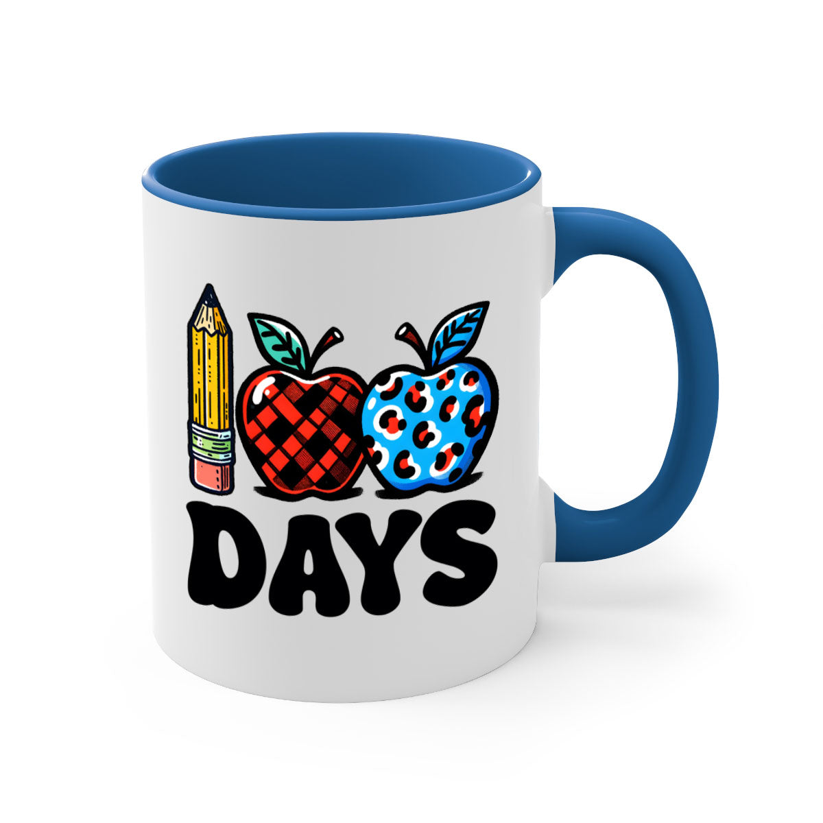 A vibrant two-tone ceramic mug featuring an apple design, perfect for celebrating the 100th day of school, available in multiple colors.
