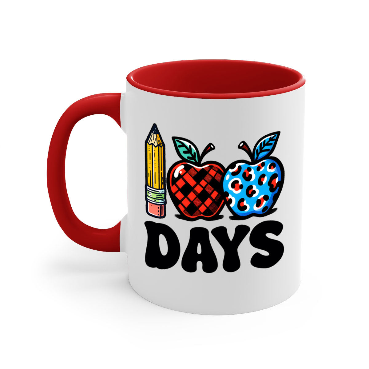 A vibrant two-tone ceramic mug featuring an apple design, perfect for celebrating the 100th day of school, available in multiple colors.