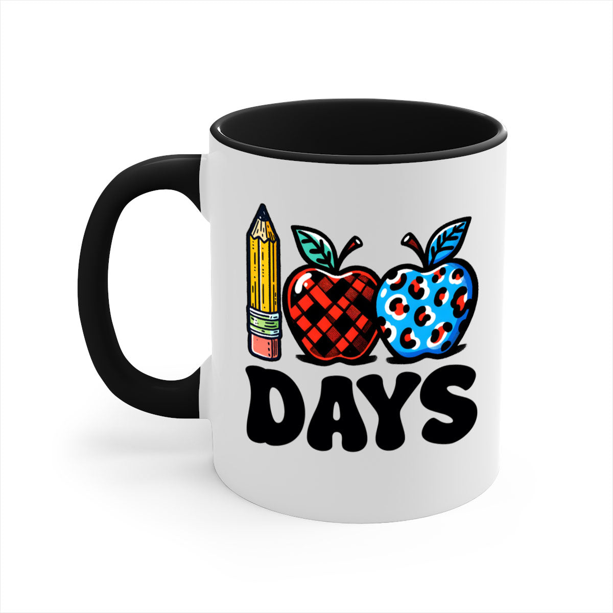 A vibrant two-tone ceramic mug featuring an apple design, perfect for celebrating the 100th day of school, available in multiple colors.