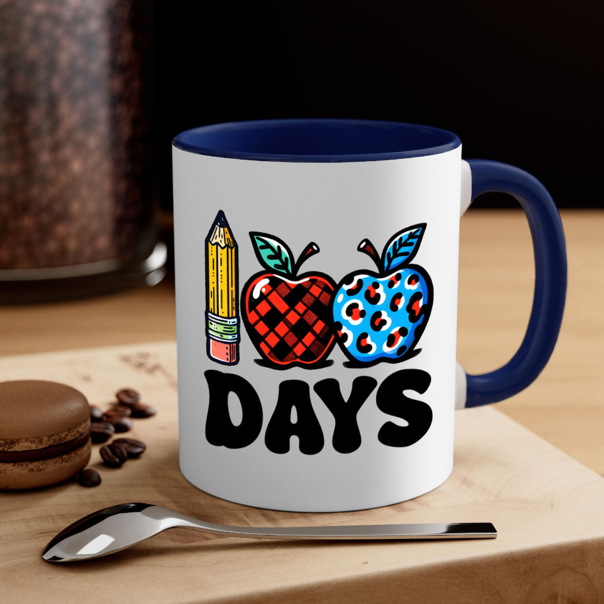 A vibrant two-tone ceramic mug featuring an apple design, perfect for celebrating the 100th day of school, available in multiple colors.