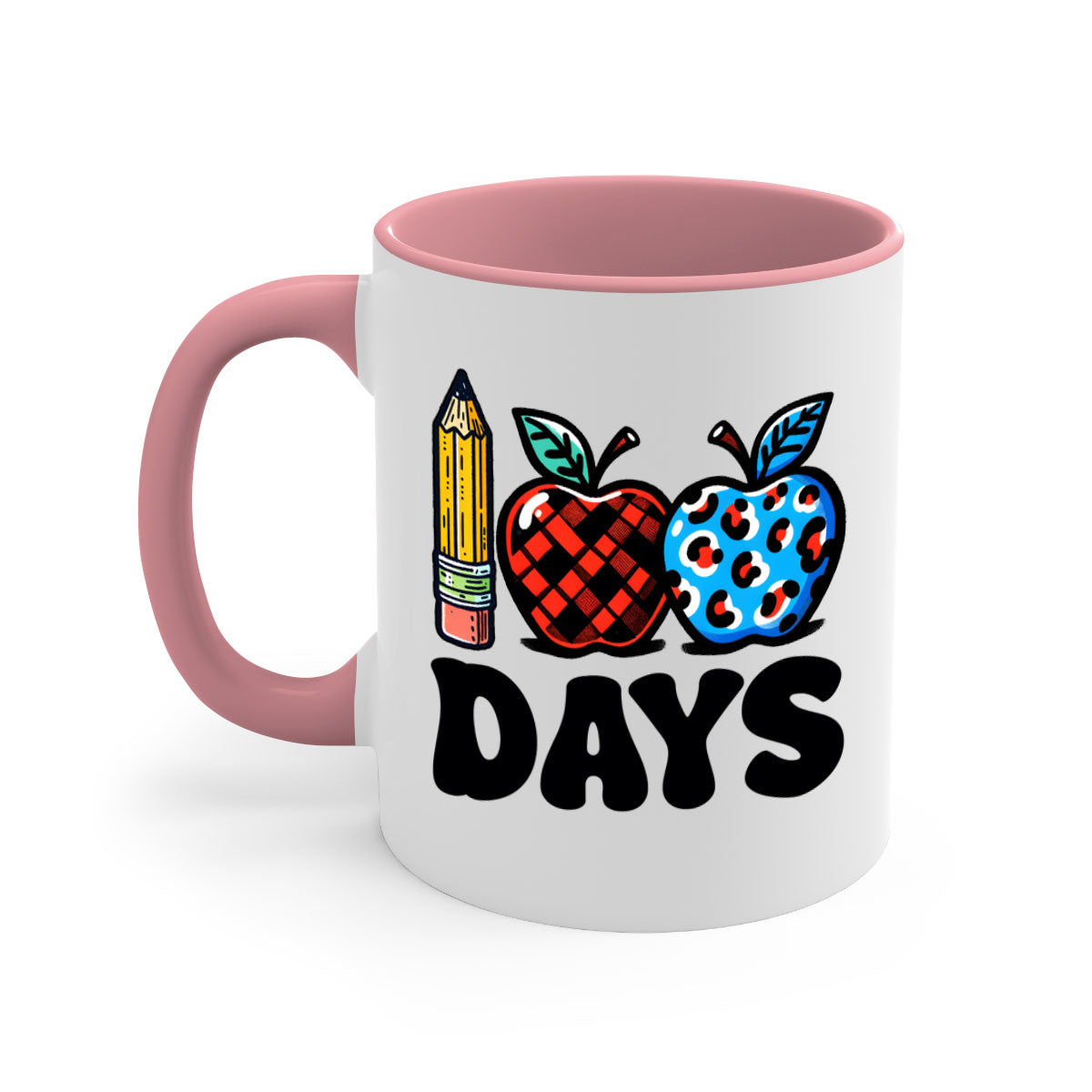 A vibrant two-tone ceramic mug featuring an apple design, perfect for celebrating the 100th day of school, available in multiple colors.