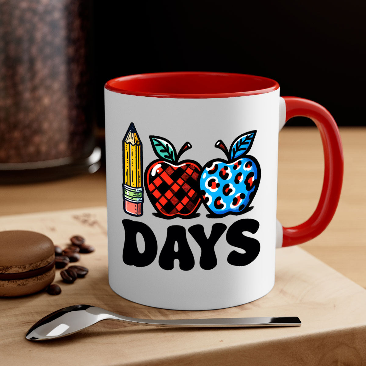 A vibrant two-tone ceramic mug featuring an apple design, perfect for celebrating the 100th day of school, available in multiple colors.