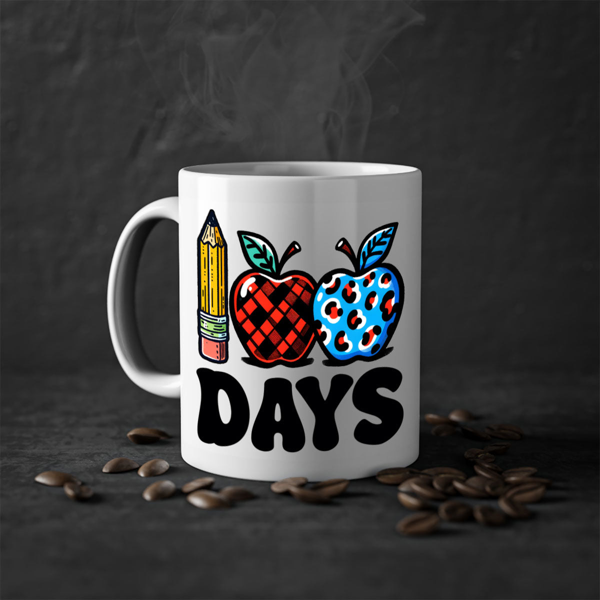 A vibrant two-tone ceramic mug featuring an apple design, perfect for celebrating the 100th day of school, available in multiple colors.