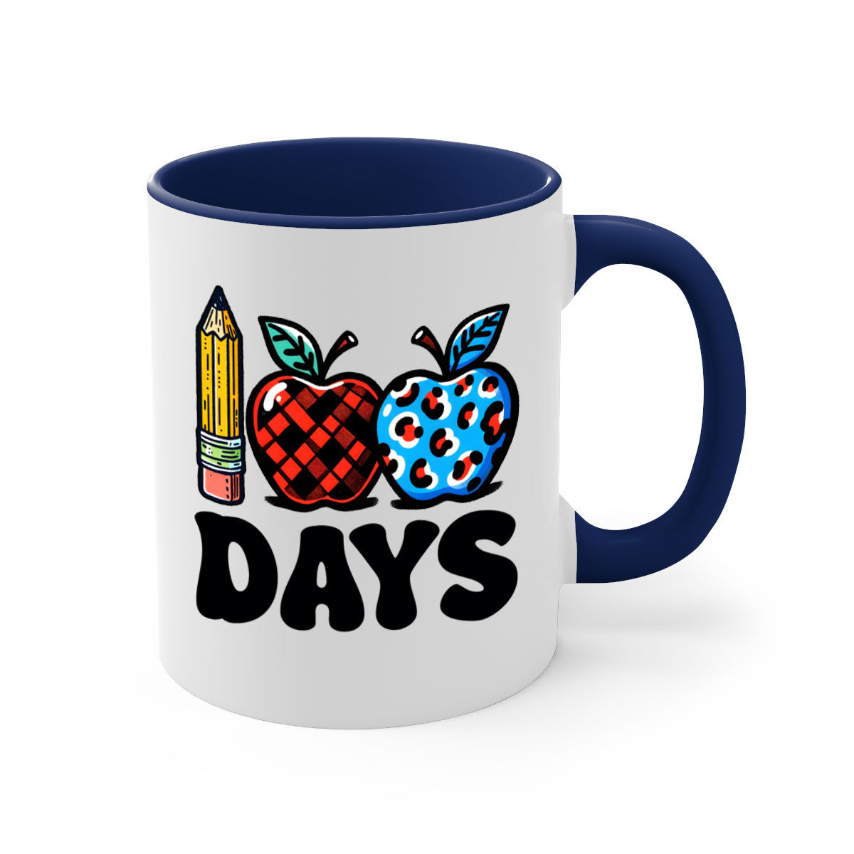 A vibrant two-tone ceramic mug featuring an apple design, perfect for celebrating the 100th day of school, available in multiple colors.