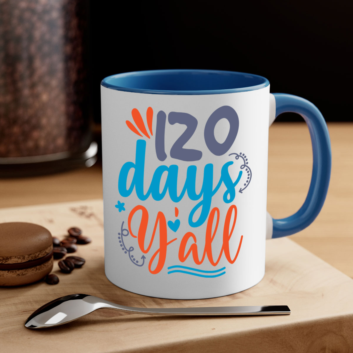 A stylish two-tone 120 days yalll 9# Mug with a colored handle and glossy finish, available in multiple colors and sizes.