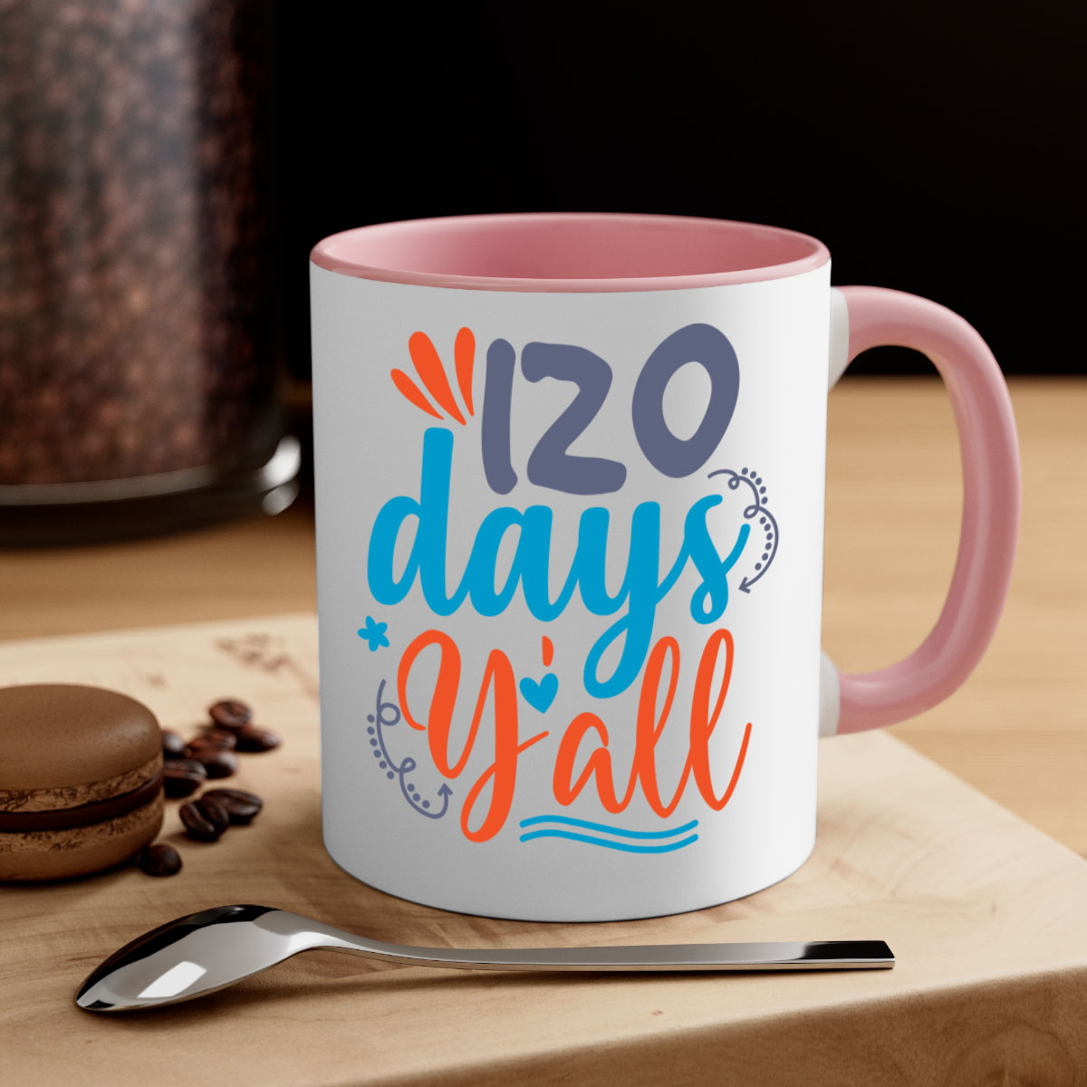 A stylish two-tone 120 days yalll 9# Mug with a colored handle and glossy finish, available in multiple colors and sizes.