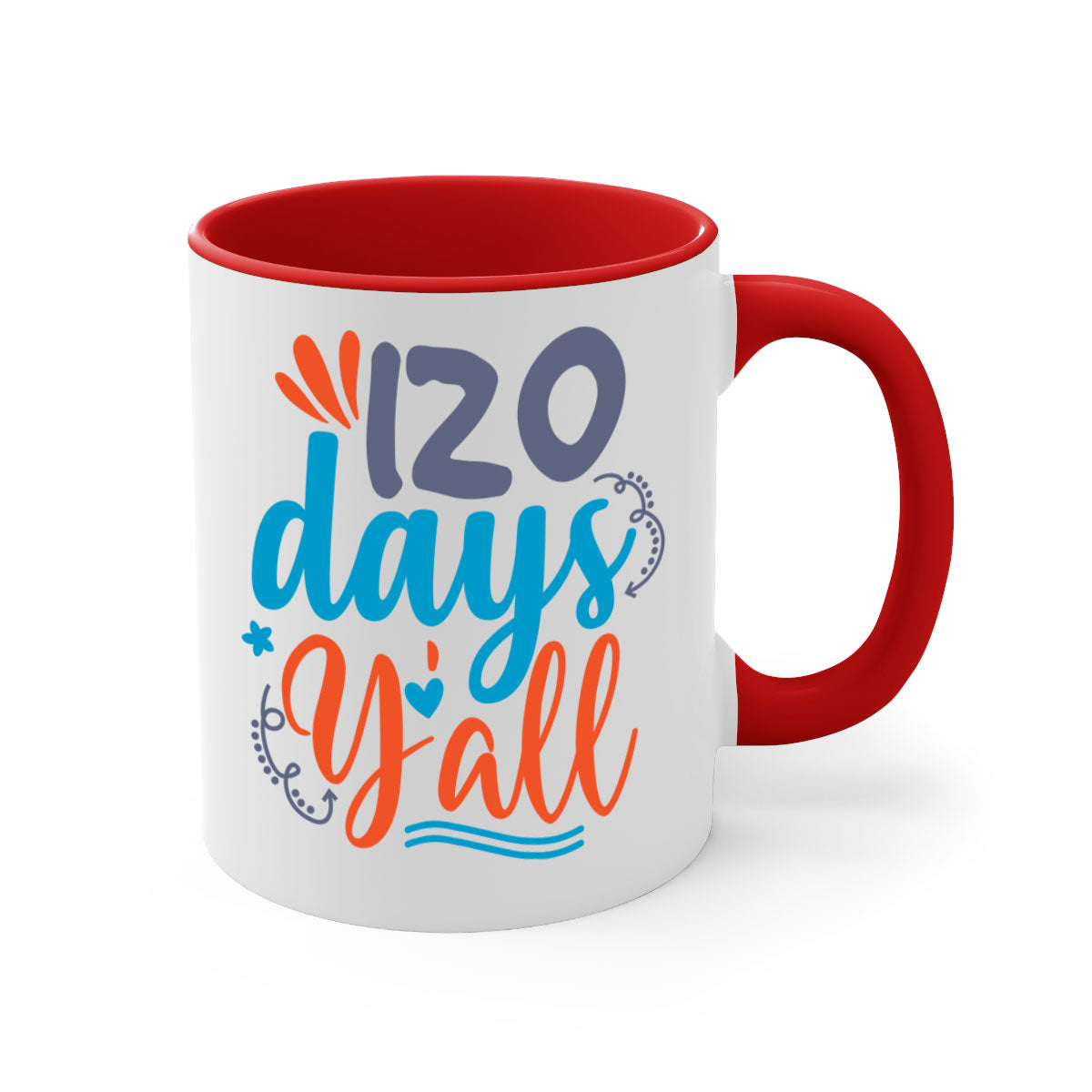 A stylish two-tone 120 days yalll 9# Mug with a colored handle and glossy finish, available in multiple colors and sizes.