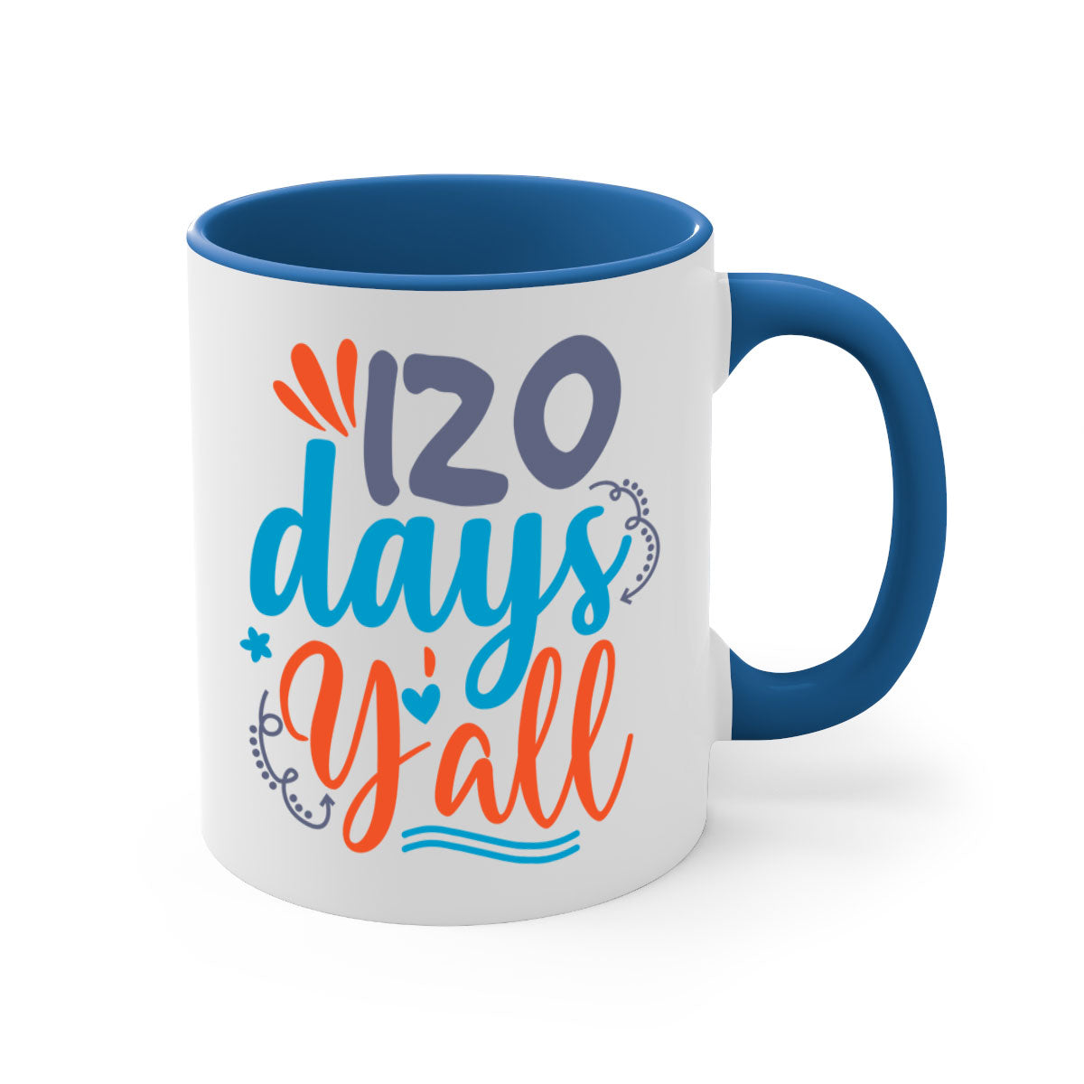 A stylish two-tone 120 days yalll 9# Mug with a colored handle and glossy finish, available in multiple colors and sizes.