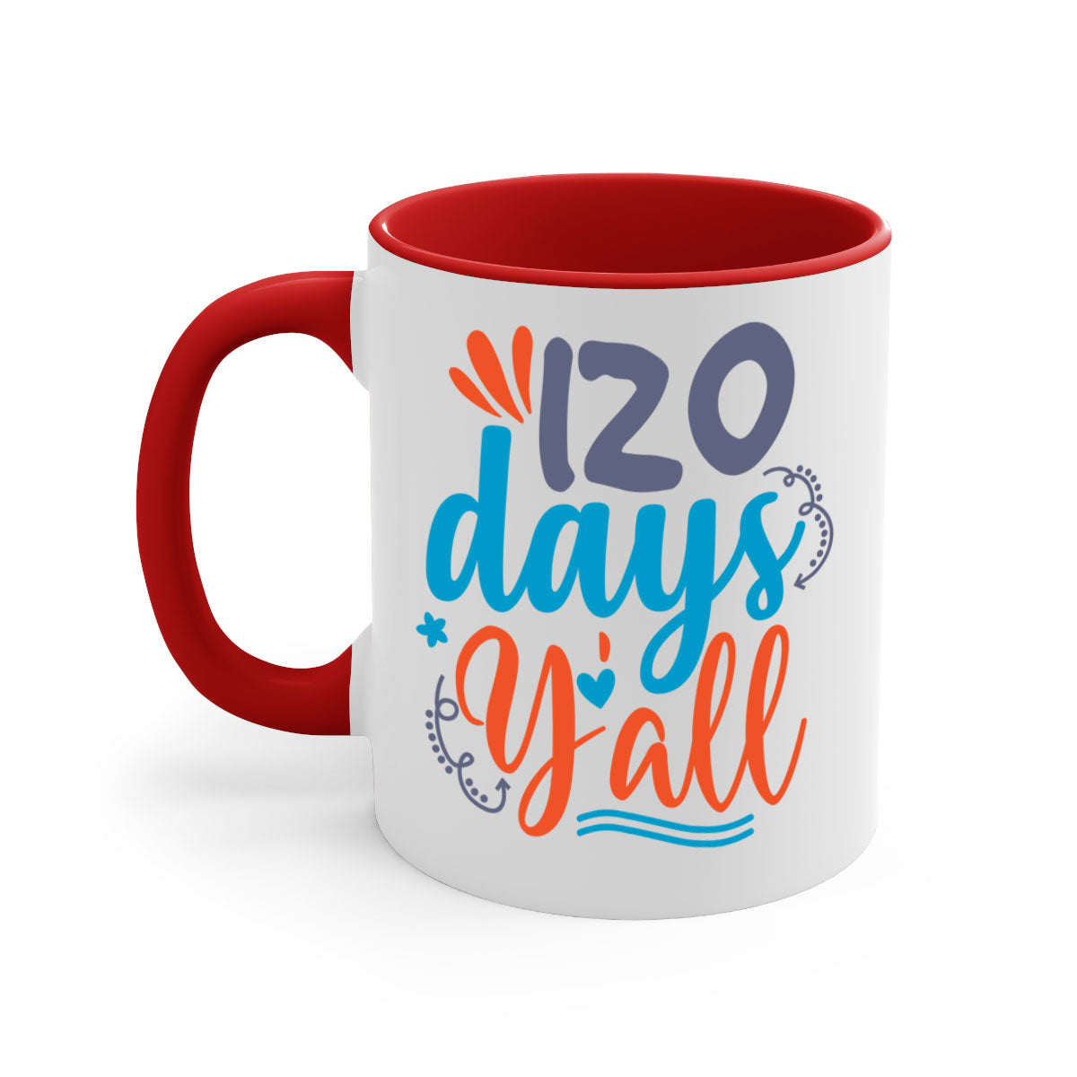 A stylish two-tone 120 days yalll 9# Mug with a colored handle and glossy finish, available in multiple colors and sizes.