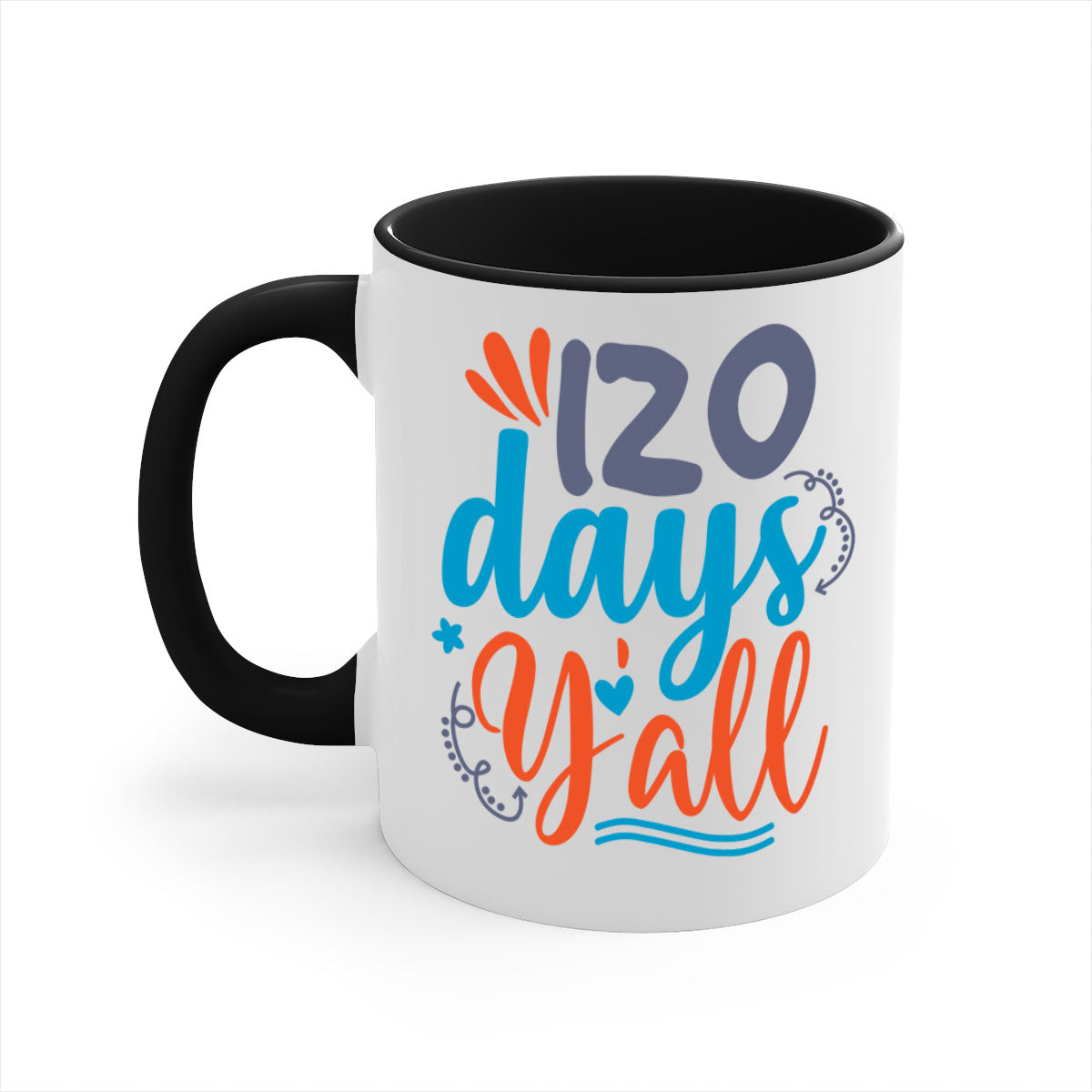 A stylish two-tone 120 days yalll 9# Mug with a colored handle and glossy finish, available in multiple colors and sizes.
