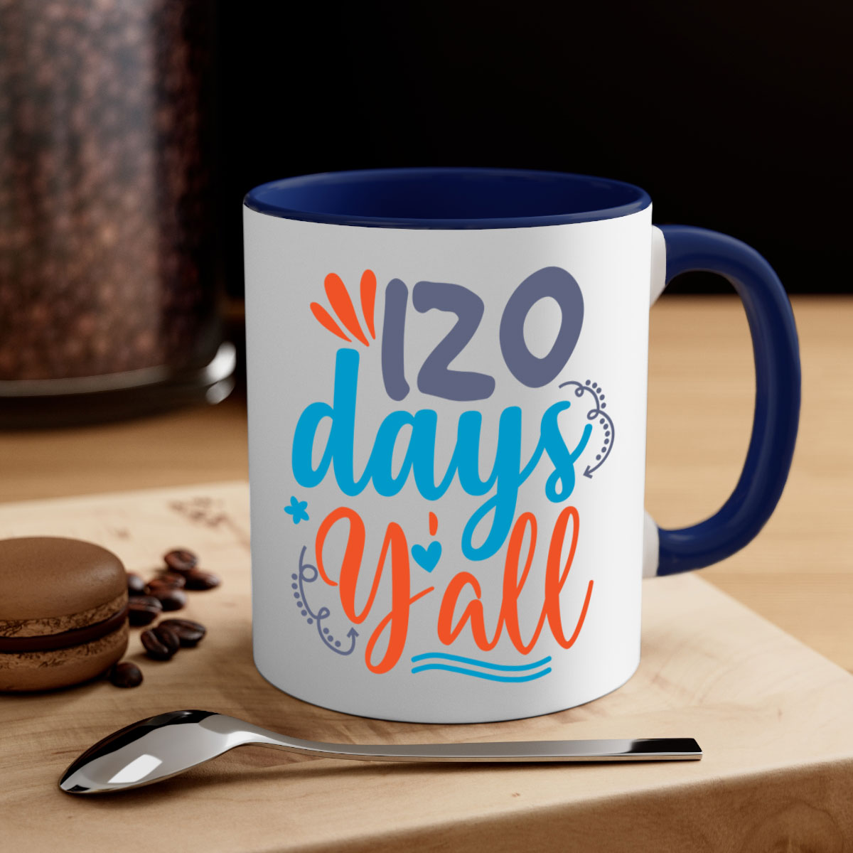 A stylish two-tone 120 days yalll 9# Mug with a colored handle and glossy finish, available in multiple colors and sizes.