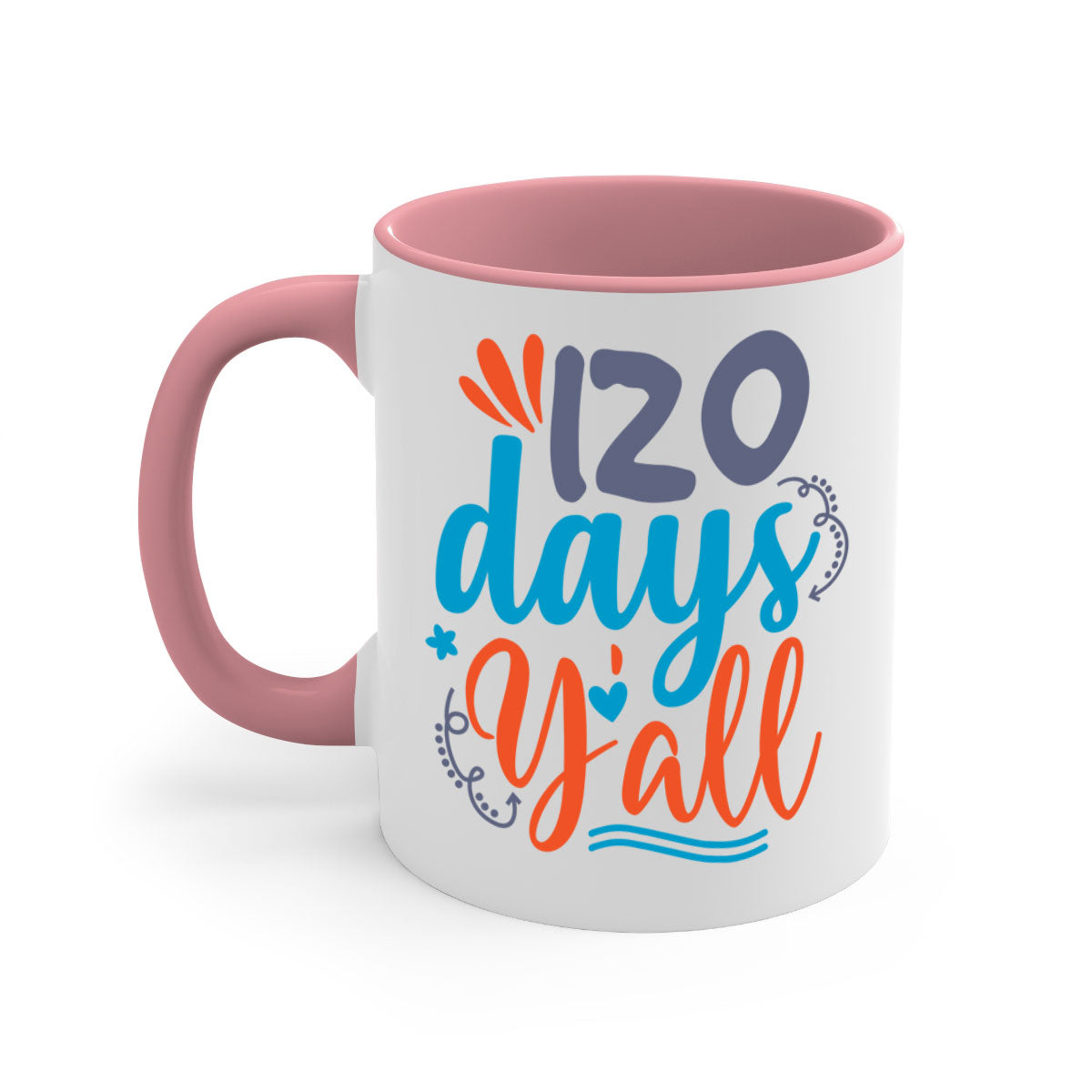A stylish two-tone 120 days yalll 9# Mug with a colored handle and glossy finish, available in multiple colors and sizes.