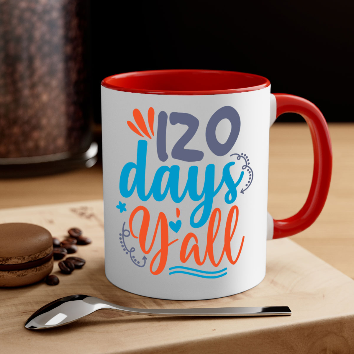 A stylish two-tone 120 days yalll 9# Mug with a colored handle and glossy finish, available in multiple colors and sizes.