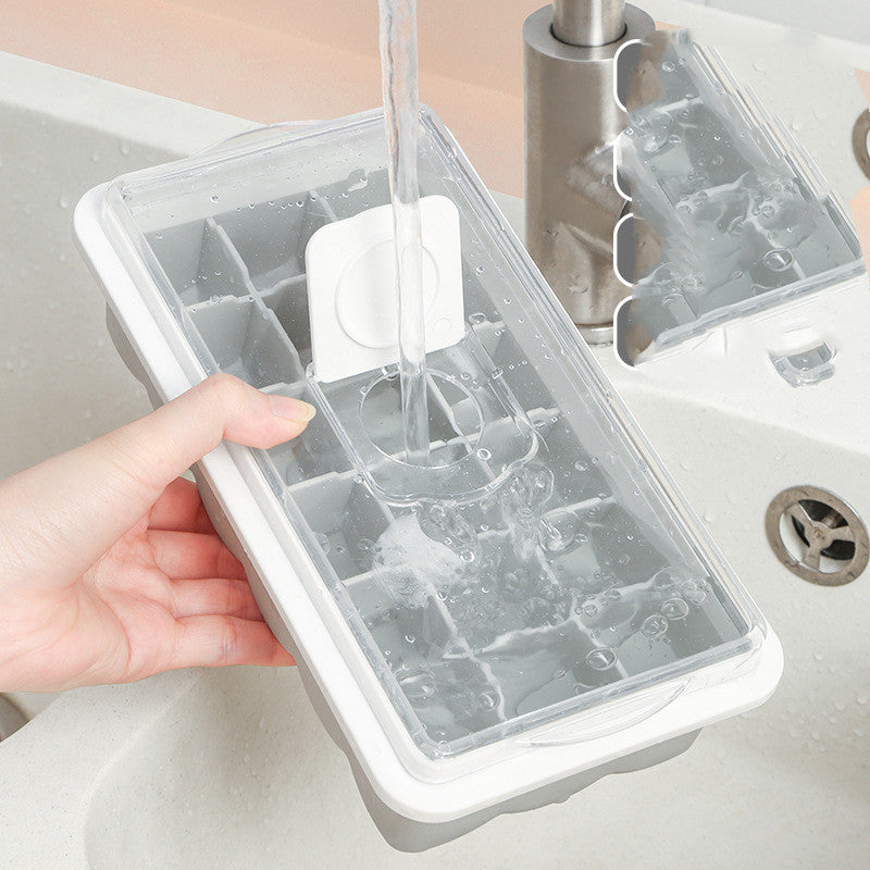 18-grid transparent ice-making hole cover with silicone base, designed to prevent odors and spillage, featuring easy water filling and stackable design.