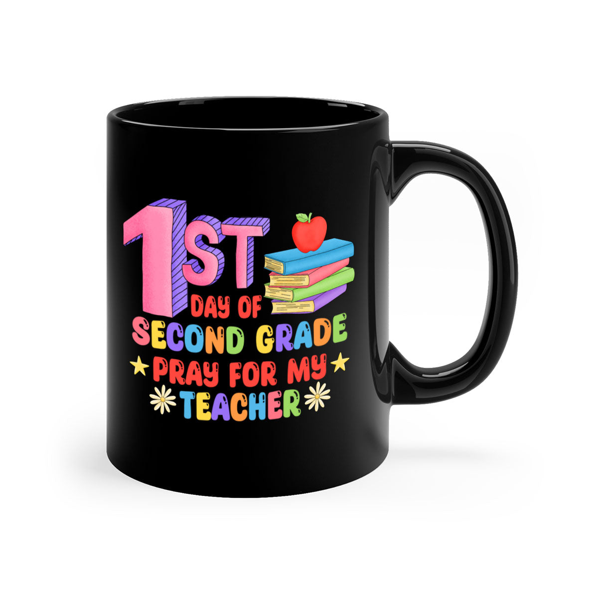 A colorful two-tone coffee mug celebrating the 1st day of 2nd grade, featuring a glossy finish and a comfortable C-shaped handle.