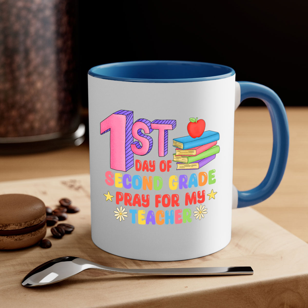 A colorful two-tone coffee mug celebrating the 1st day of 2nd grade, featuring a glossy finish and a comfortable C-shaped handle.