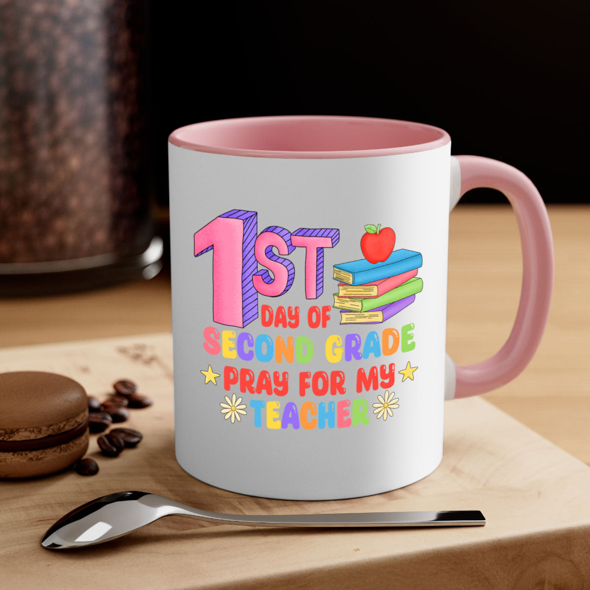 A colorful two-tone coffee mug celebrating the 1st day of 2nd grade, featuring a glossy finish and a comfortable C-shaped handle.