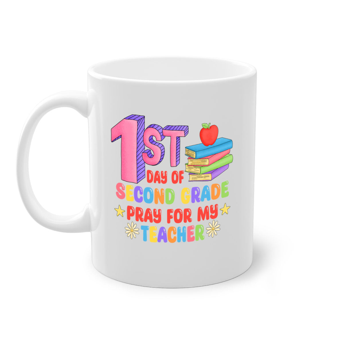 A colorful two-tone coffee mug celebrating the 1st day of 2nd grade, featuring a glossy finish and a comfortable C-shaped handle.