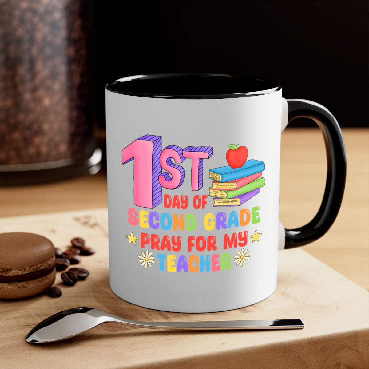 A colorful two-tone coffee mug celebrating the 1st day of 2nd grade, featuring a glossy finish and a comfortable C-shaped handle.