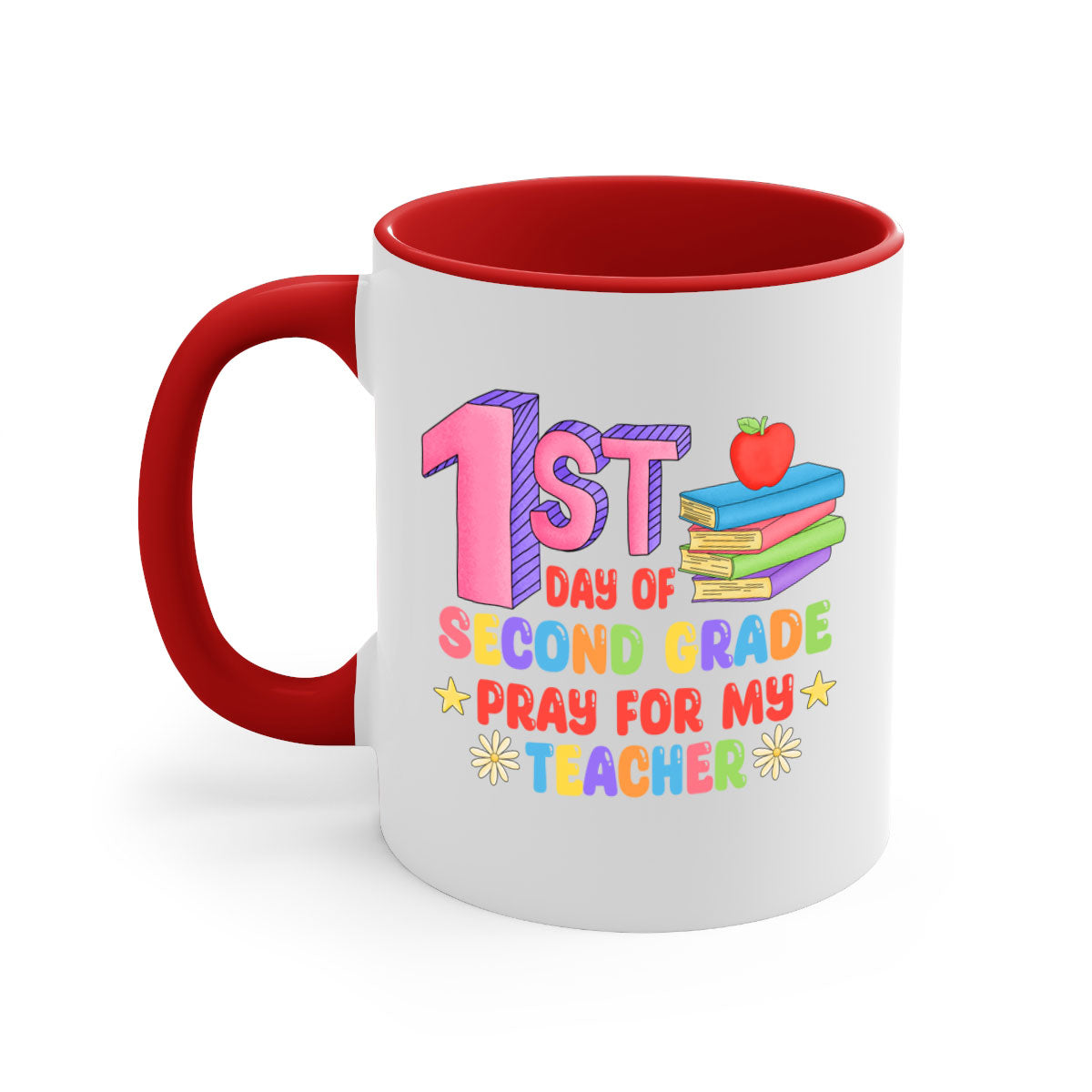 A colorful two-tone coffee mug celebrating the 1st day of 2nd grade, featuring a glossy finish and a comfortable C-shaped handle.