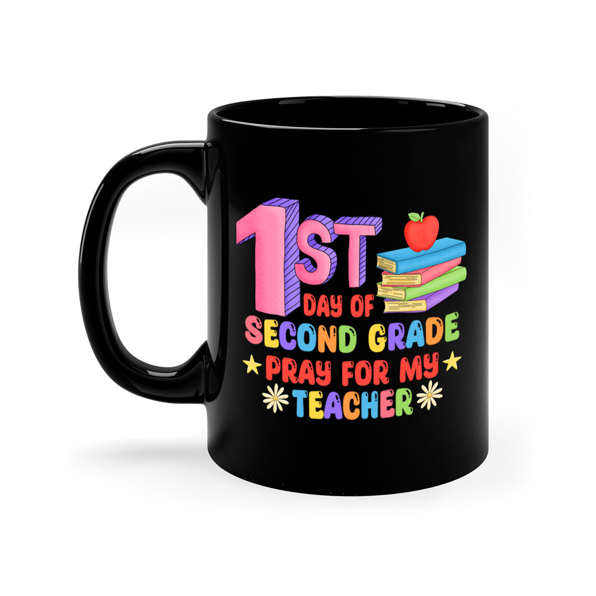 A colorful two-tone coffee mug celebrating the 1st day of 2nd grade, featuring a glossy finish and a comfortable C-shaped handle.
