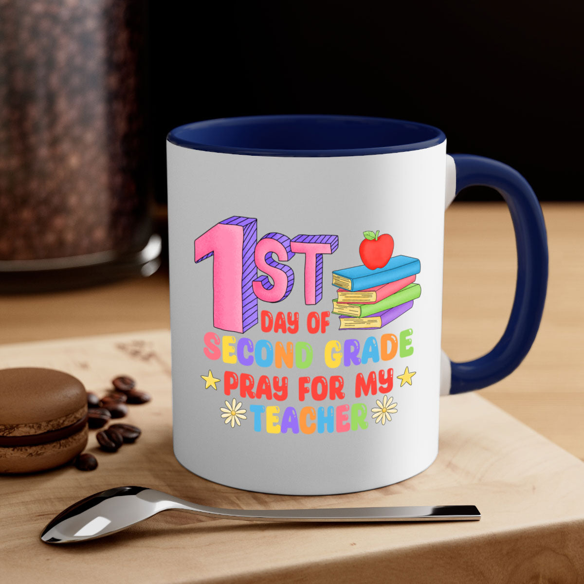 A colorful two-tone coffee mug celebrating the 1st day of 2nd grade, featuring a glossy finish and a comfortable C-shaped handle.