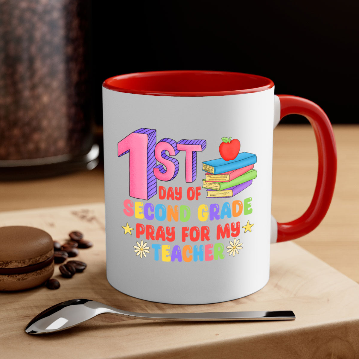 A colorful two-tone coffee mug celebrating the 1st day of 2nd grade, featuring a glossy finish and a comfortable C-shaped handle.