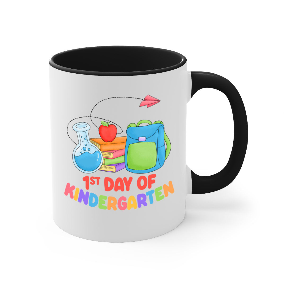 A colorful two-tone ceramic mug celebrating the 1st day of Kindergarten, featuring a glossy finish and an easy-grip handle.