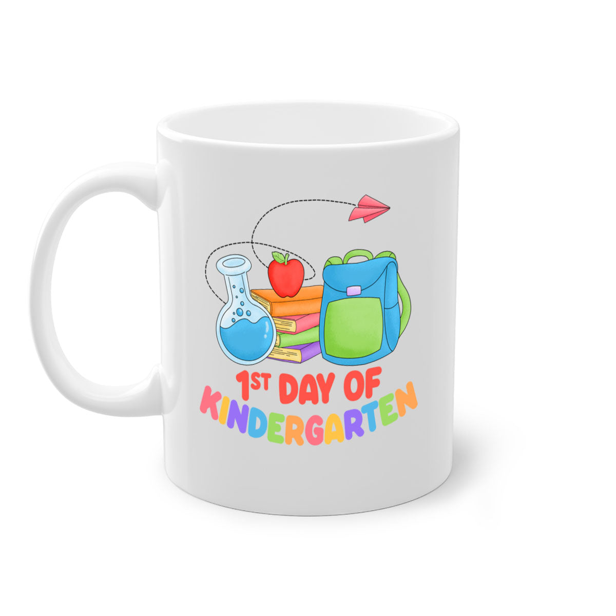 A colorful two-tone ceramic mug celebrating the 1st day of Kindergarten, featuring a glossy finish and an easy-grip handle.