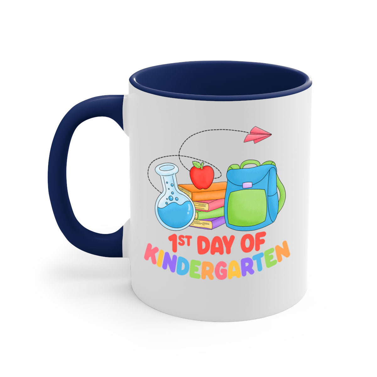 A colorful two-tone ceramic mug celebrating the 1st day of Kindergarten, featuring a glossy finish and an easy-grip handle.