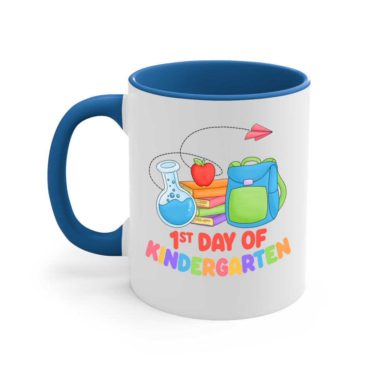 A colorful two-tone ceramic mug celebrating the 1st day of Kindergarten, featuring a glossy finish and an easy-grip handle.