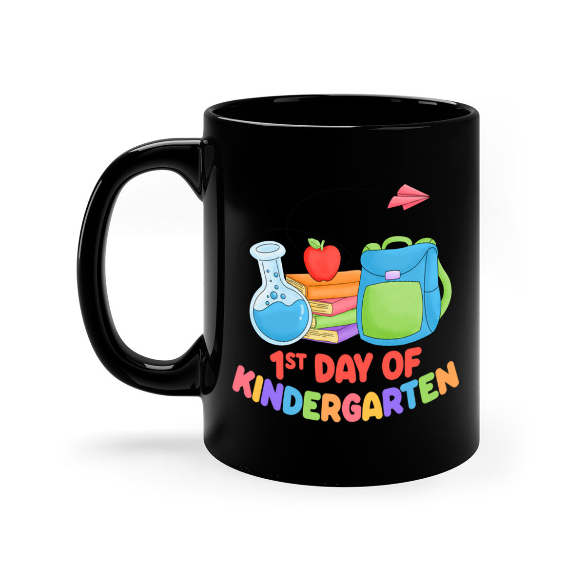 A colorful two-tone ceramic mug celebrating the 1st day of Kindergarten, featuring a glossy finish and an easy-grip handle.