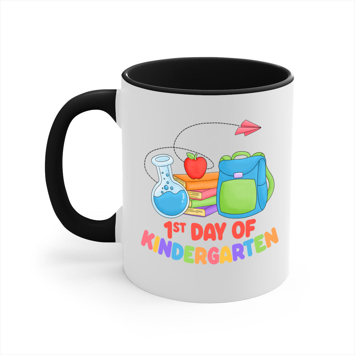 A colorful two-tone ceramic mug celebrating the 1st day of Kindergarten, featuring a glossy finish and an easy-grip handle.
