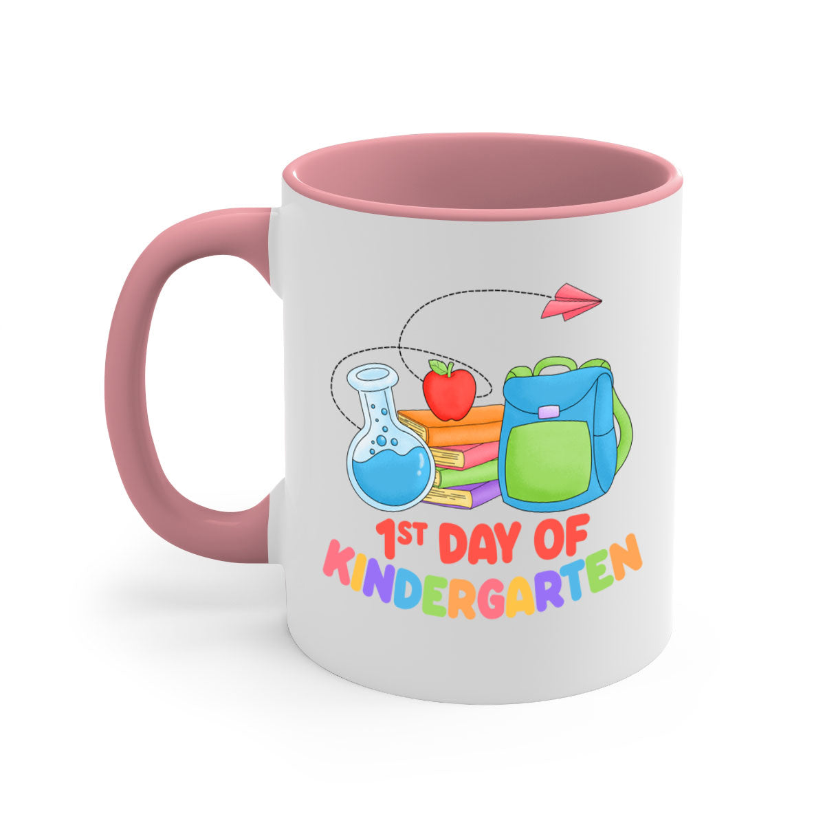 A colorful two-tone ceramic mug celebrating the 1st day of Kindergarten, featuring a glossy finish and an easy-grip handle.