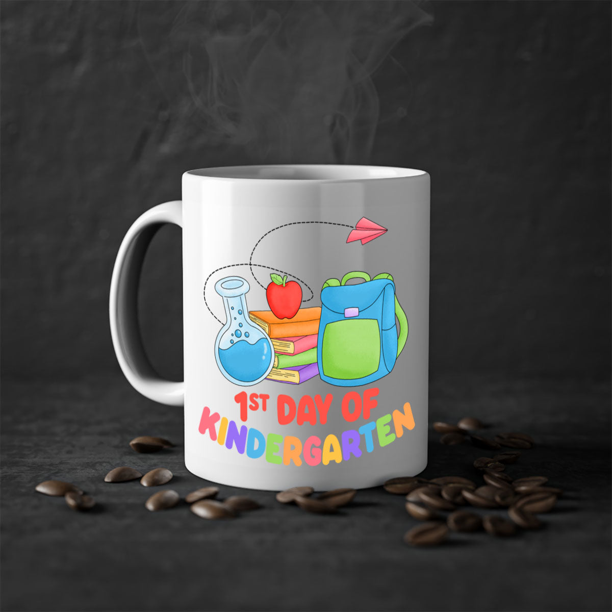 A colorful two-tone ceramic mug celebrating the 1st day of Kindergarten, featuring a glossy finish and an easy-grip handle.