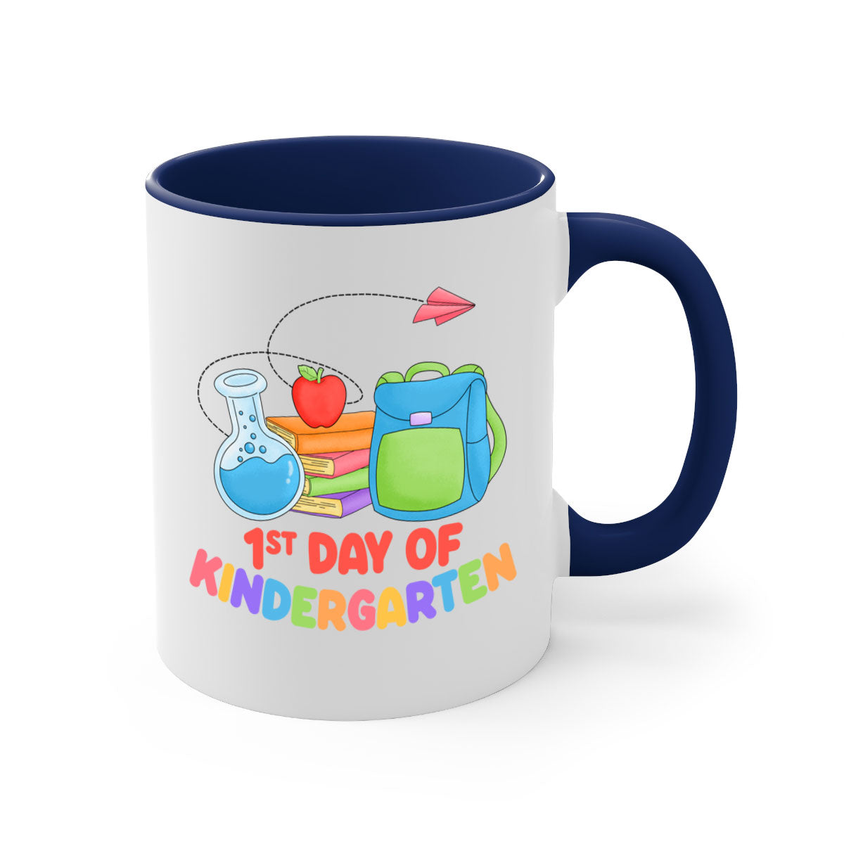 A colorful two-tone ceramic mug celebrating the 1st day of Kindergarten, featuring a glossy finish and an easy-grip handle.